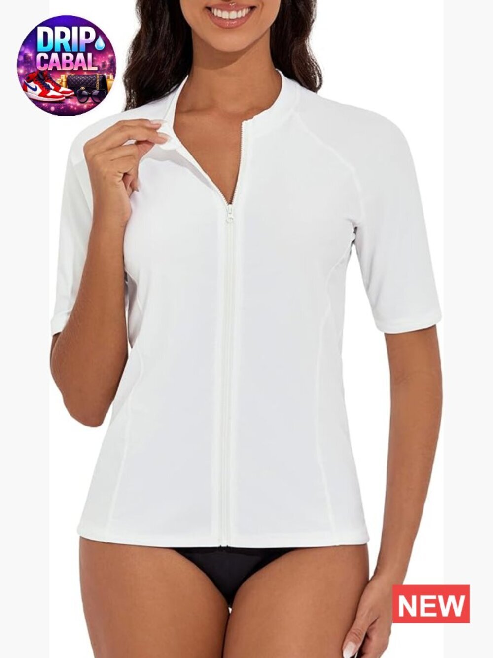 Women's Short Sleeve Rash Guard Zip Front Swim Top UV Sun Protection